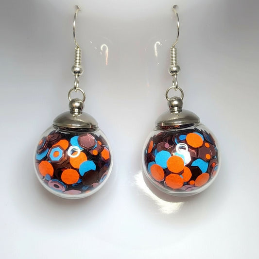 Two-Tone Blue & Copper Glitter Globe Earrings