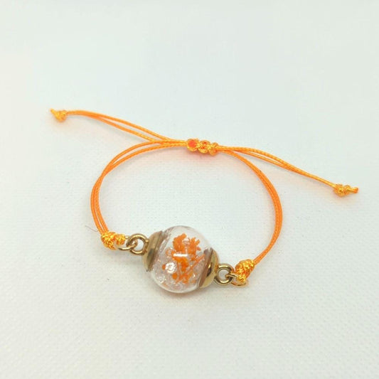 Orange Flower & Clear Rhinestone Globe Bracelet on Orange Cord