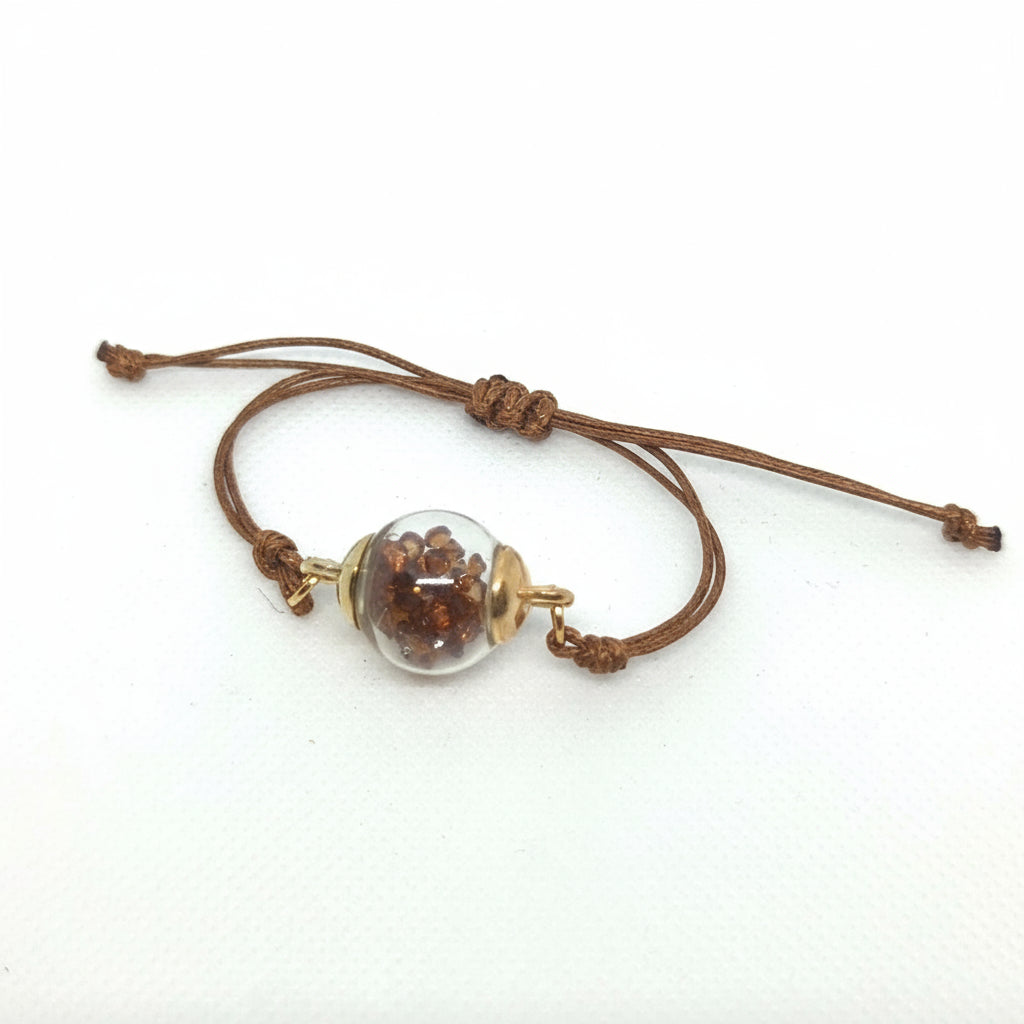 Coffee-Toned Rhinestone Globe Bracelet on Brown Cord