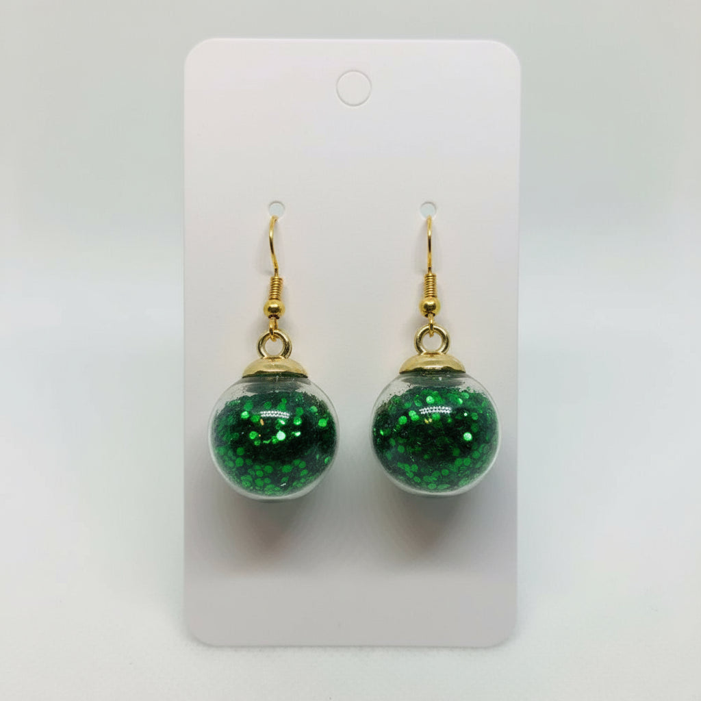 Emerald Green Glitter Globe Earrings on 14k Gold-Plated Hooks