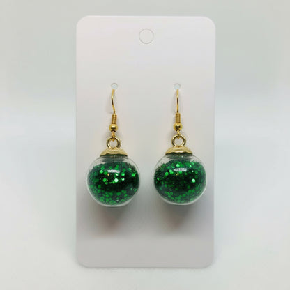 Emerald Green Glitter Globe Earrings on 14k Gold-Plated Hooks