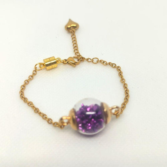Purple Fleck Glass Globe Bracelet on Adjustable Gold Chain