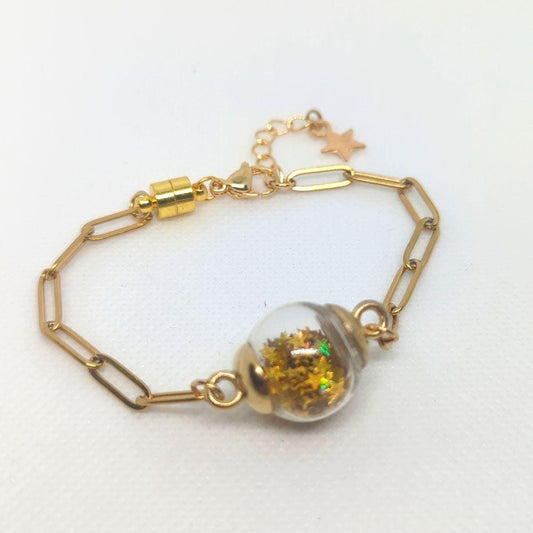 Gold Star Glitter Globe Bracelet on Paper-Clip Chain