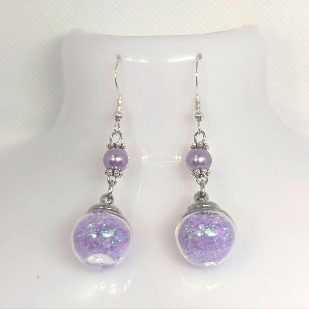 Lilac Pearl & Glitter Globe Earrings