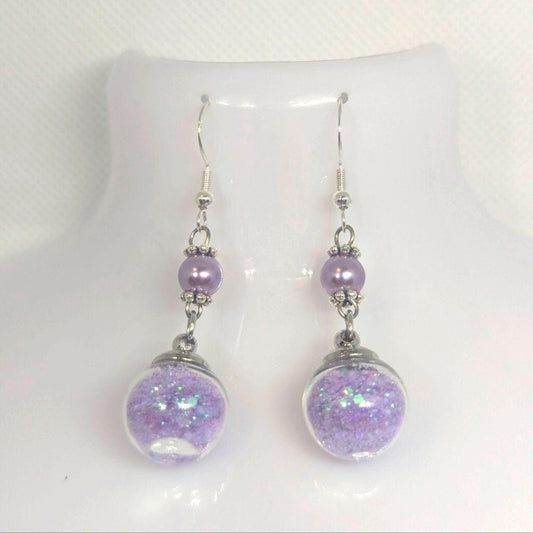 Lilac Pearl & Glitter Globe Earrings