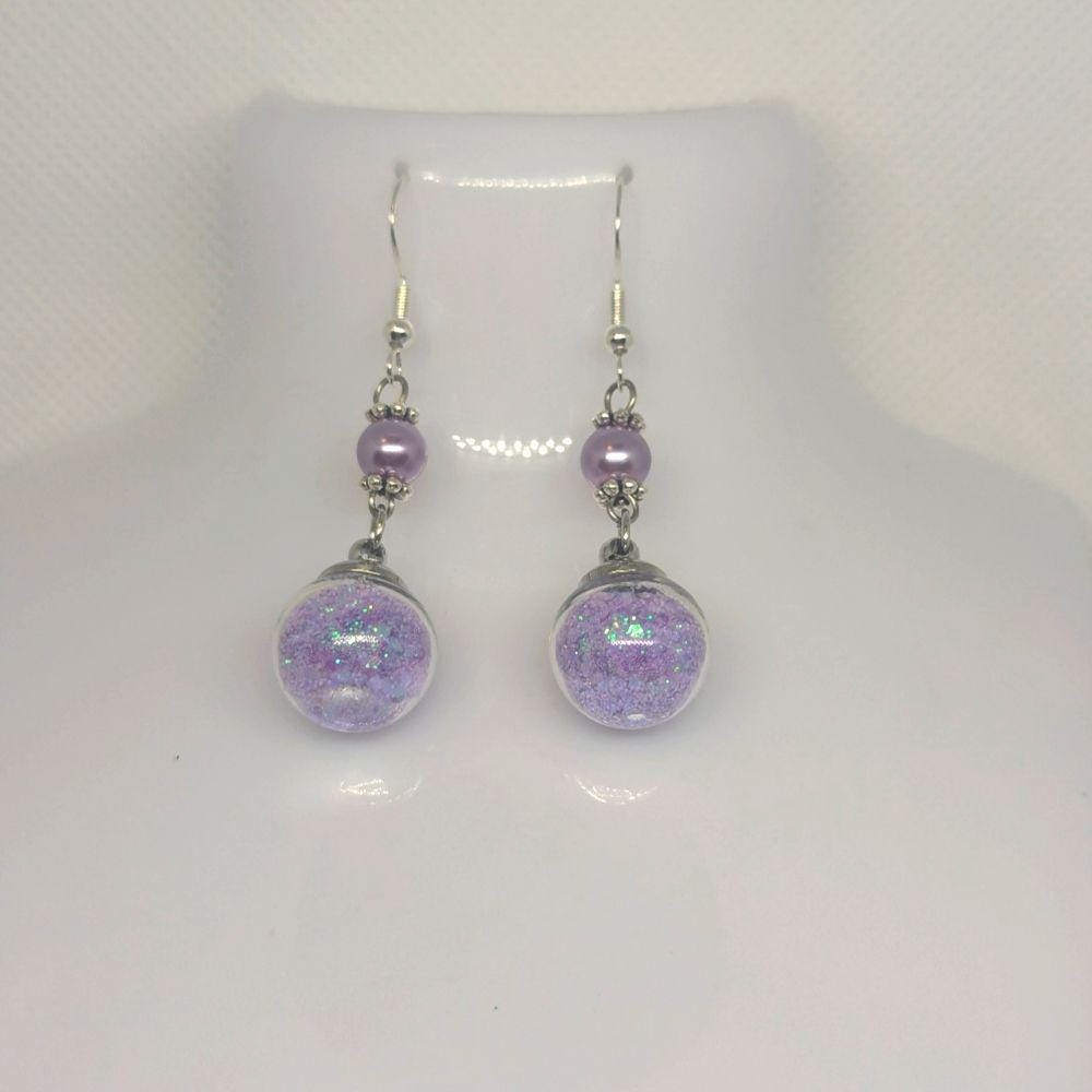 Lilac Pearl & Glitter Globe Earrings