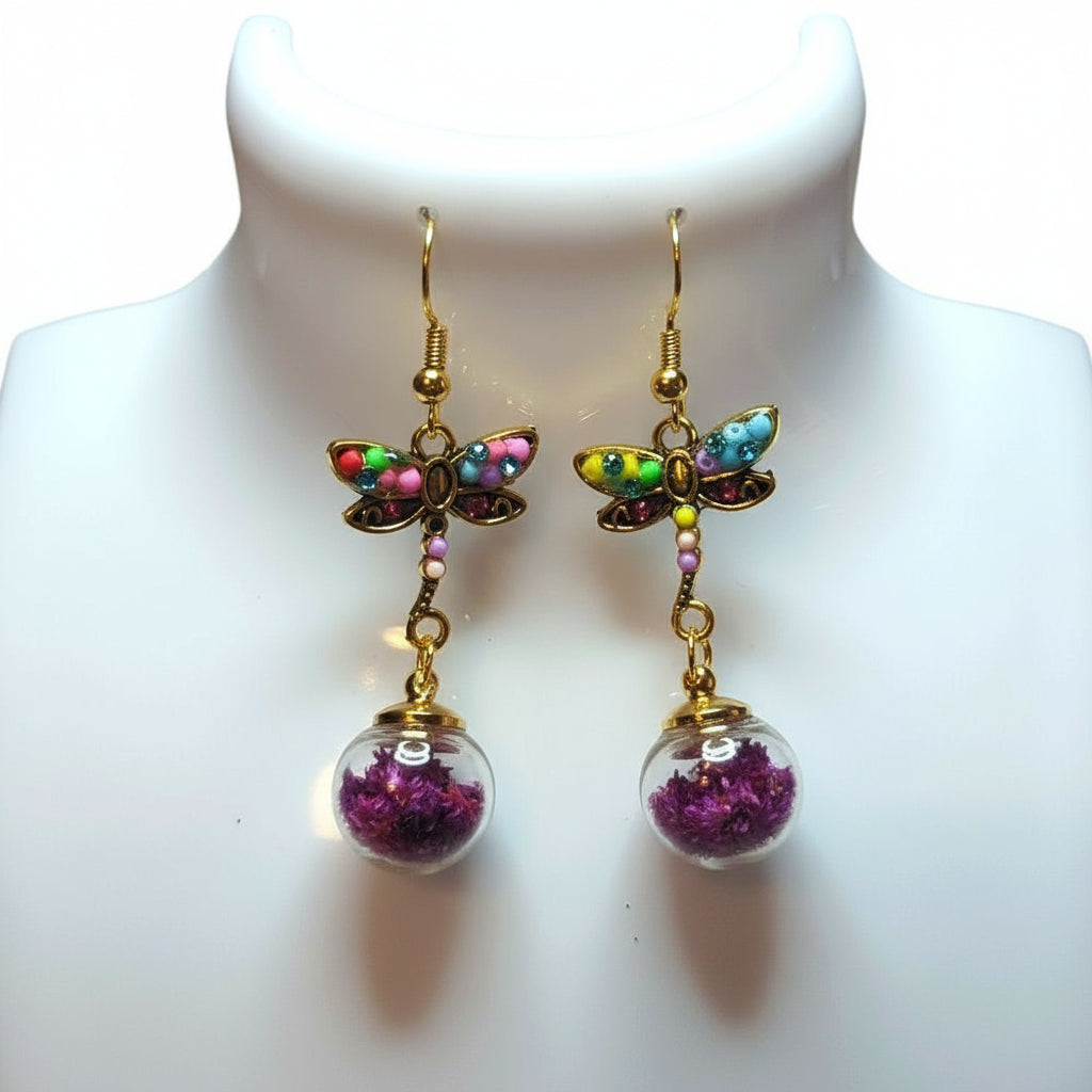 Purple Dragonfly & Glitter Globe Earrings