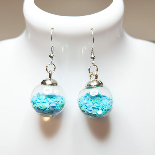 Sky-Blue Heart Glitter Globe Earrings