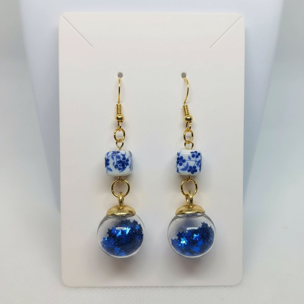 Sky-Blue Glitter & Bead Earrings