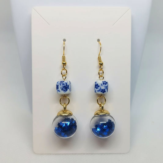 Sky-Blue Glitter & Bead Earrings