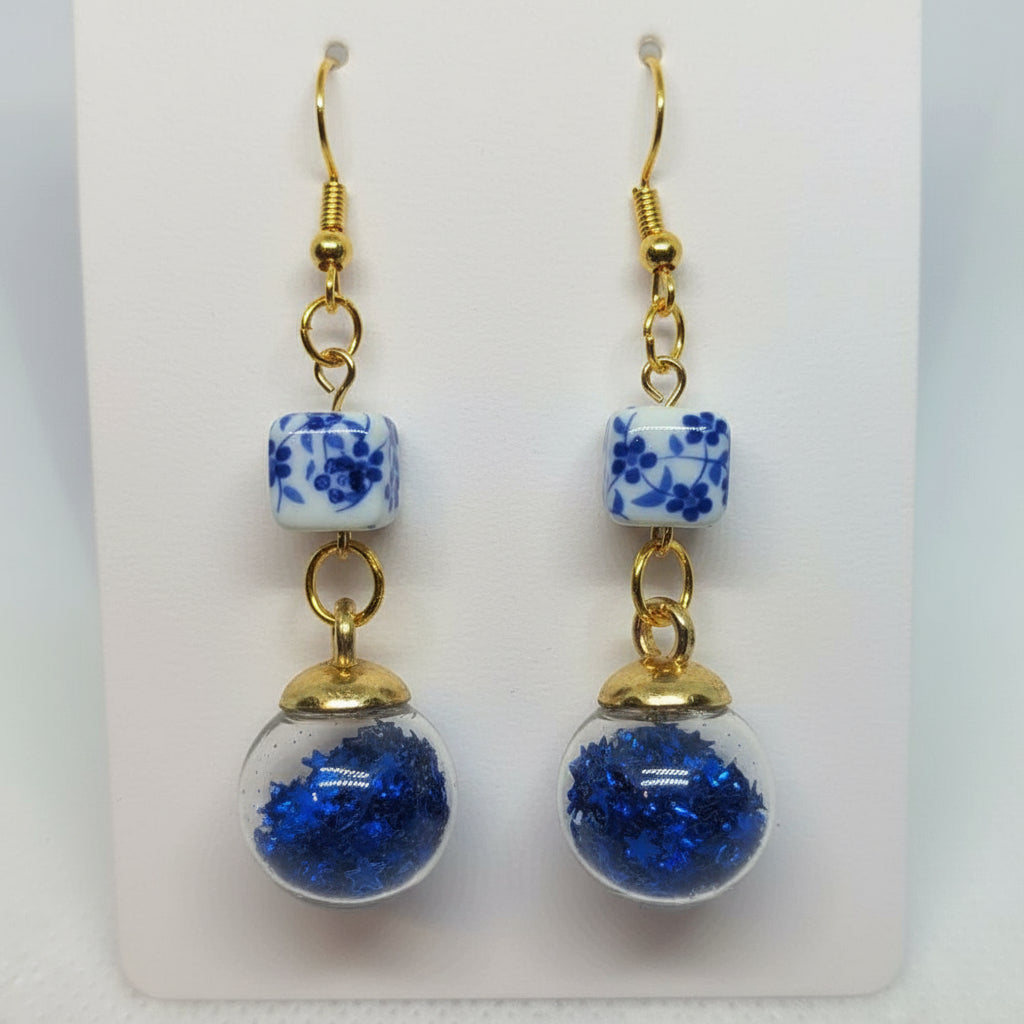 Sky-Blue Glitter & Bead Earrings