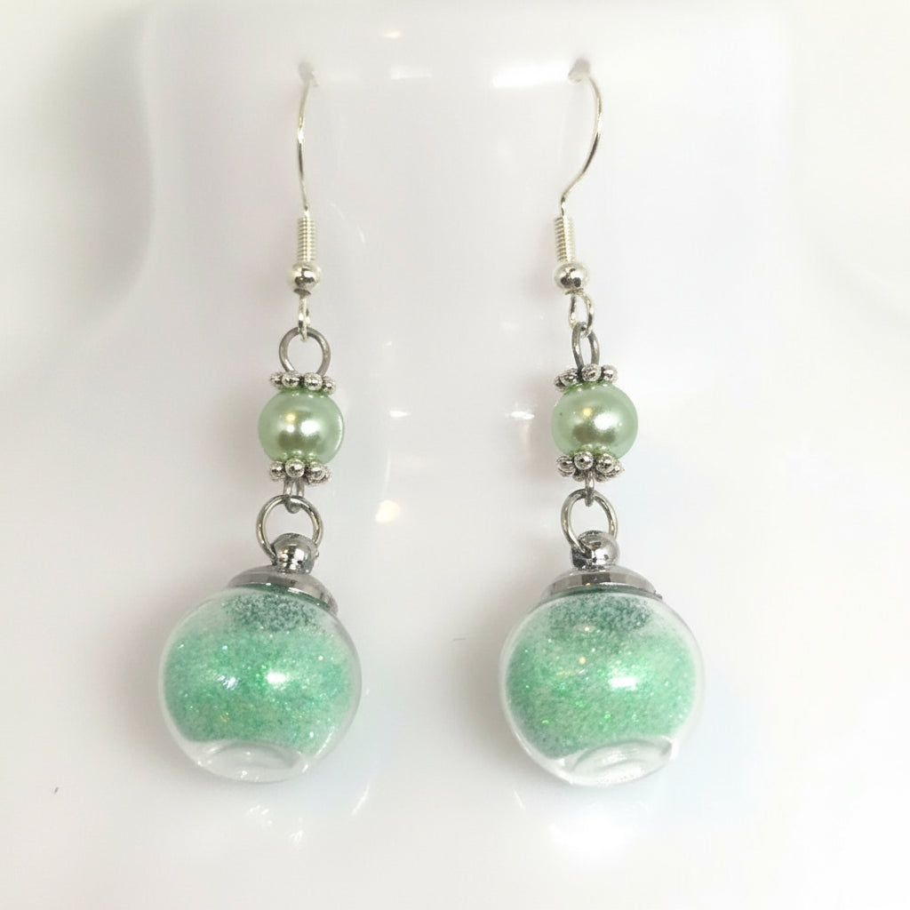 Mint Pearl & Glitter Globe Earrings