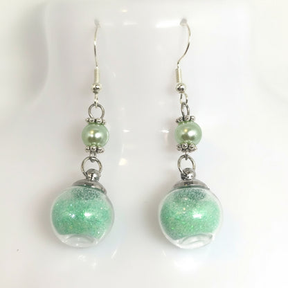 Mint Pearl & Glitter Globe Earrings