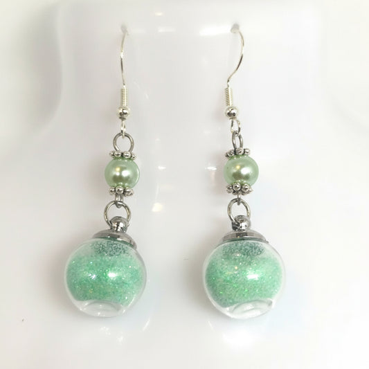 Mint Pearl & Glitter Globe Earrings