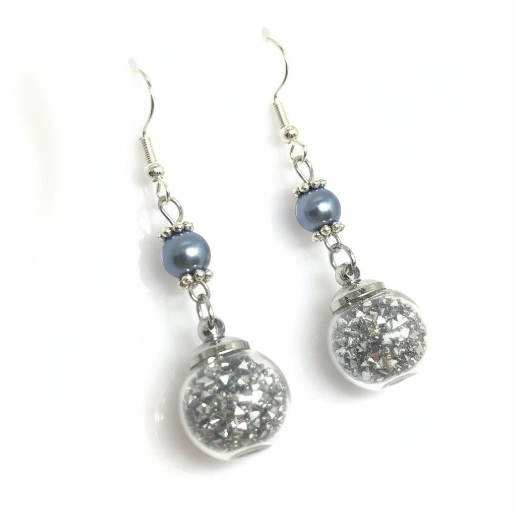 Silver Pearl & Glitter Globe Earrings