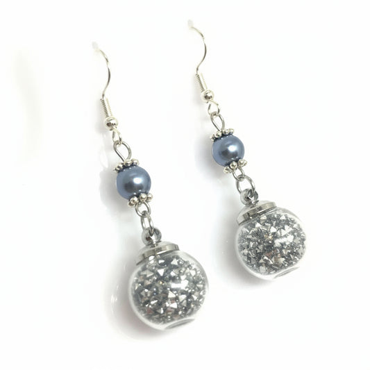Silver Pearl & Glitter Globe Earrings