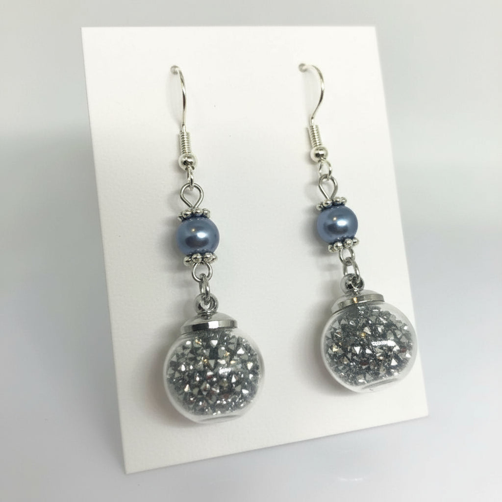 Silver Pearl & Glitter Globe Earrings