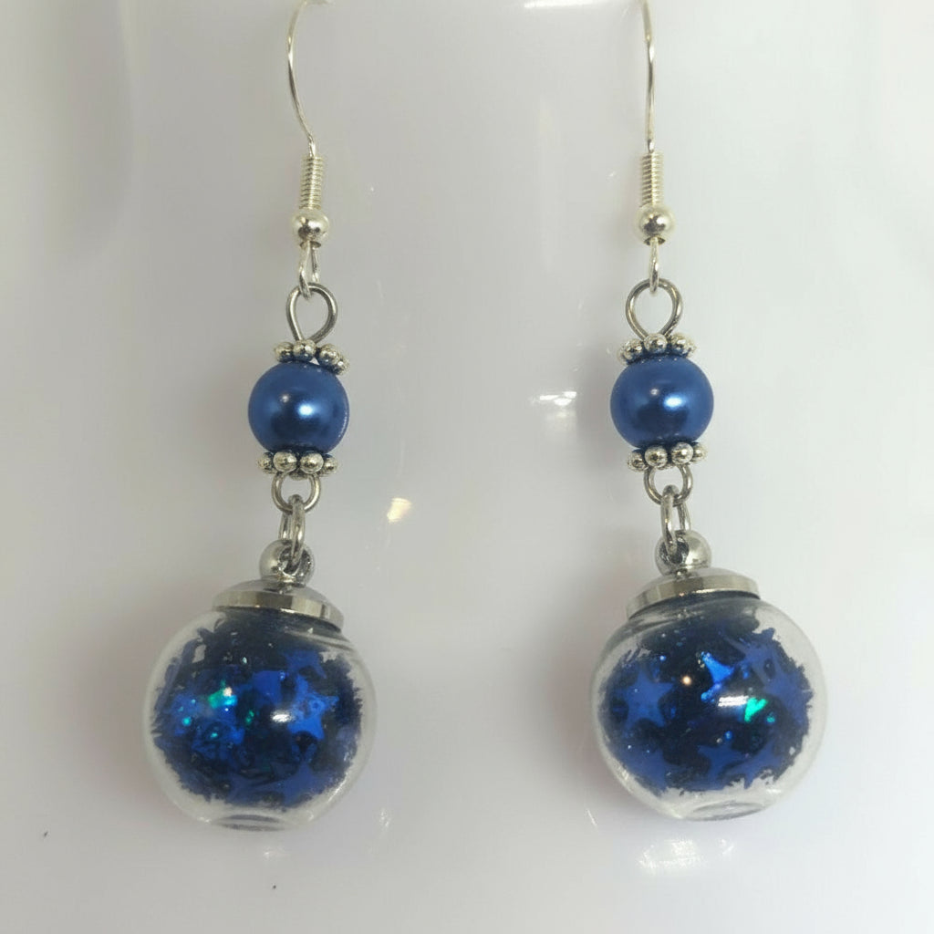 Blue Pearl & Glitter Globe Earrings