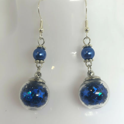 Blue Pearl & Glitter Globe Earrings
