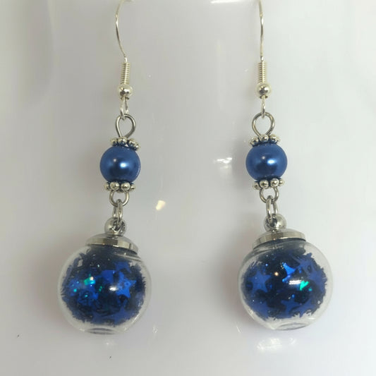 Blue Pearl & Glitter Globe Earrings