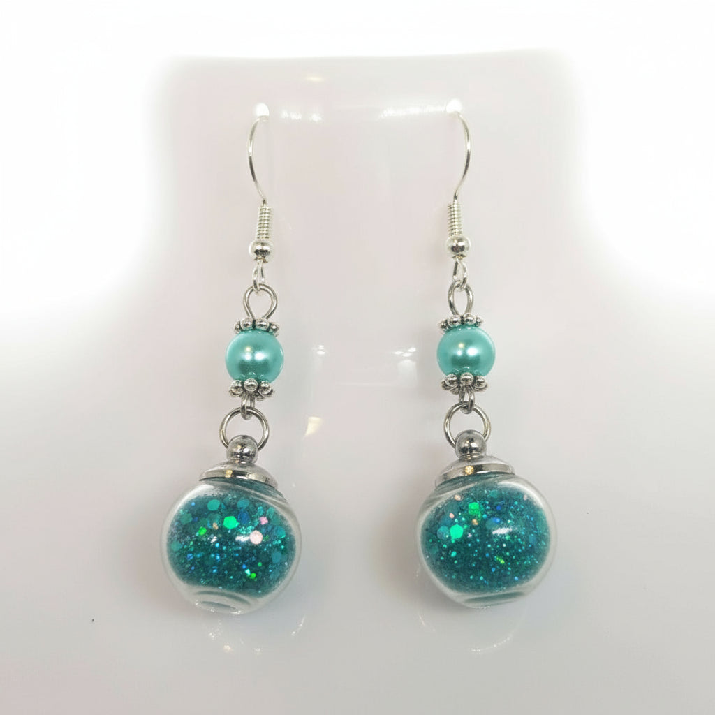 Turquoise Pearl & Glitter Globe Earrings
