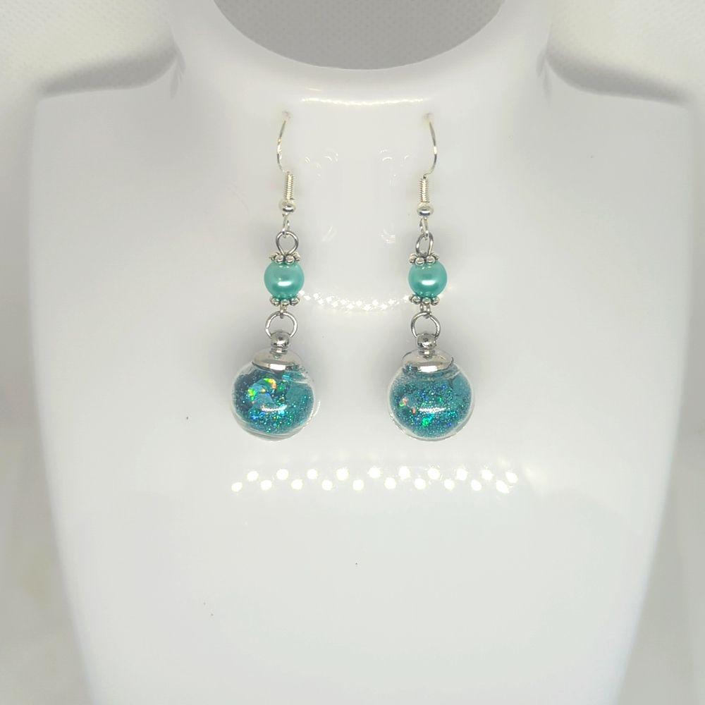 Turquoise Pearl & Glitter Globe Earrings