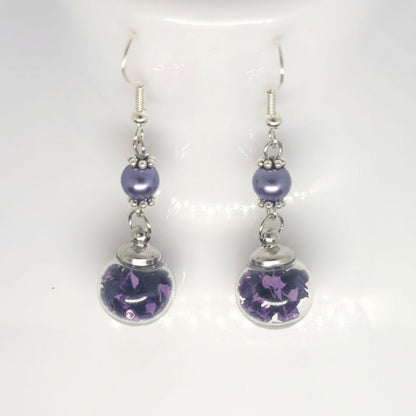 Purple Pearl & Glitter Globe Earrings