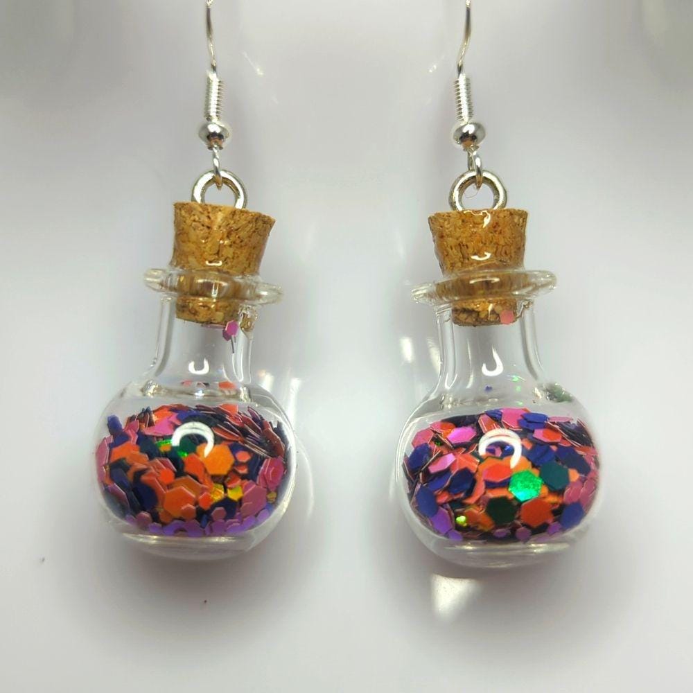 Pick Your Poison Orange & Black Glitter Vial Earrings on Sterling Hooks