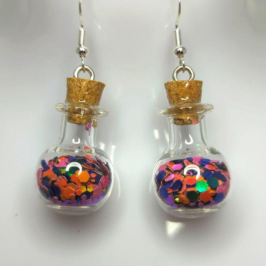 Pick Your Poison Orange & Black Glitter Vial Earrings on Sterling Hooks