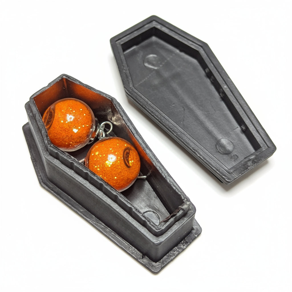 Orange & Black Glitter Ball Earrings in Coffin Box