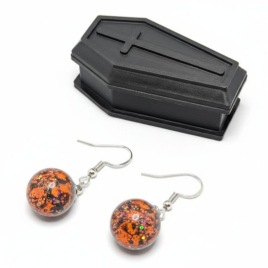 Coffin-Boxed Orange Glitter Ball Earrings