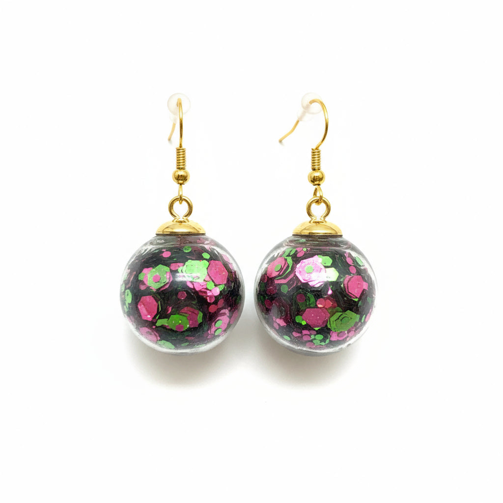 Pink & Green Glitter Globe Earrings