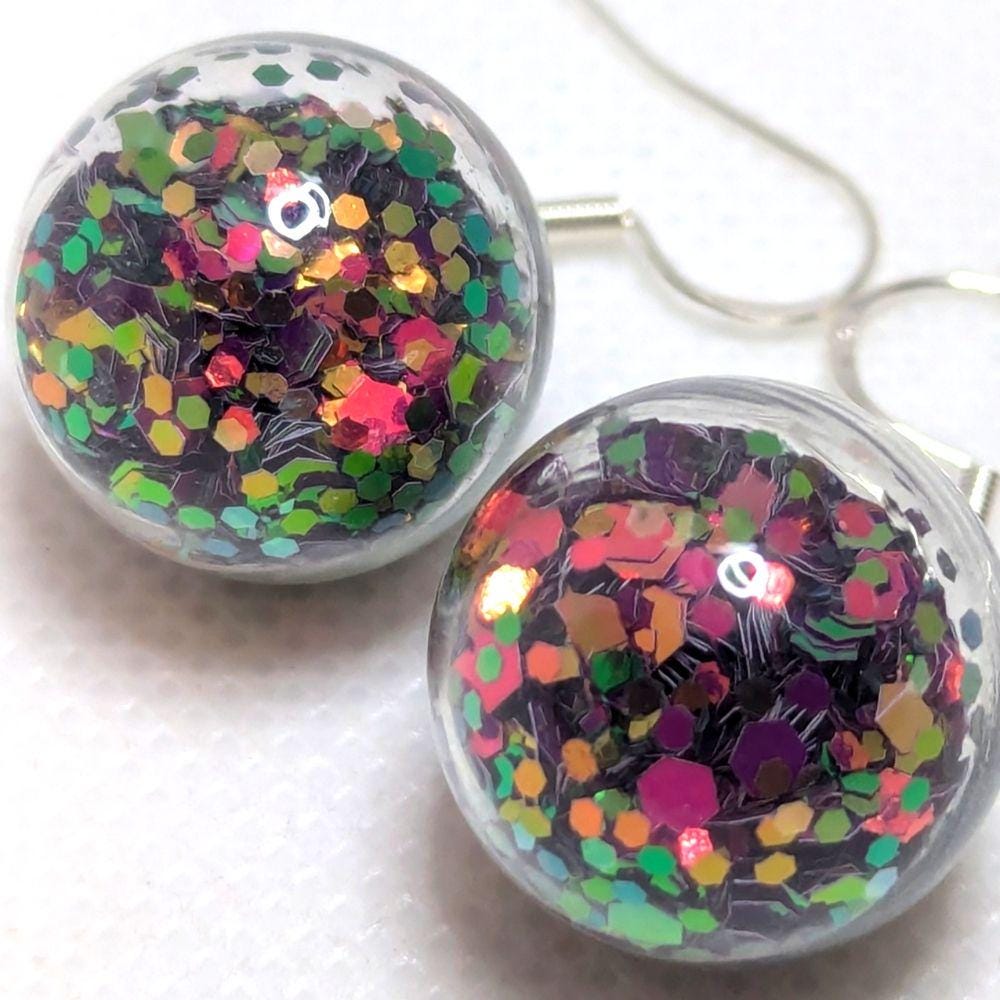 Magenta & Copper Duo-Tone Glitter Globe Earrings