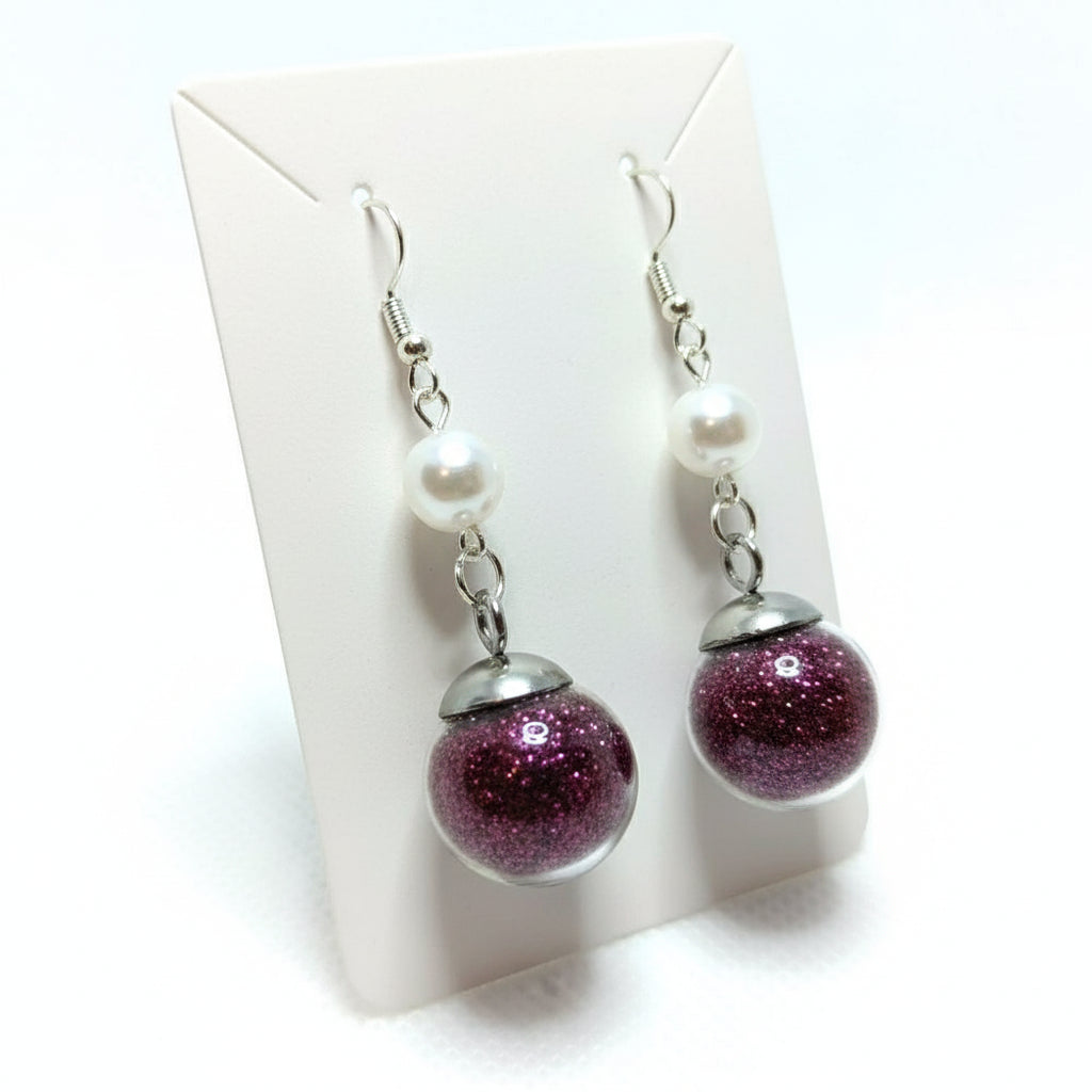 Pearl & Maroon Glitter Globe Earrings