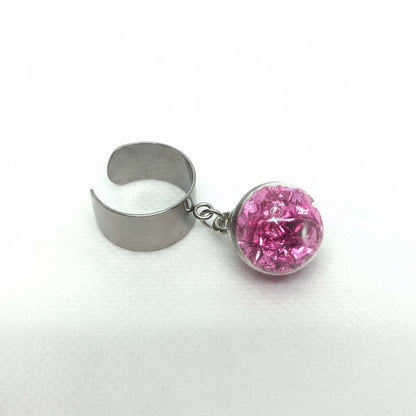 Magenta Fleck Glass Globe Ring on Adjustable Silver Band