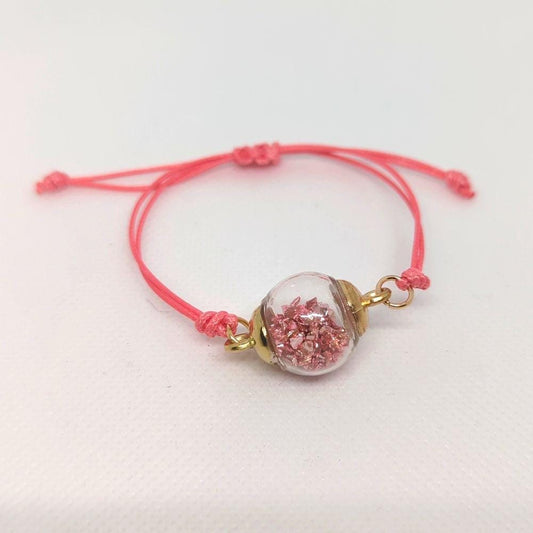 Pink Stone Fleck Glass Globe Bracelet on Pink Cord