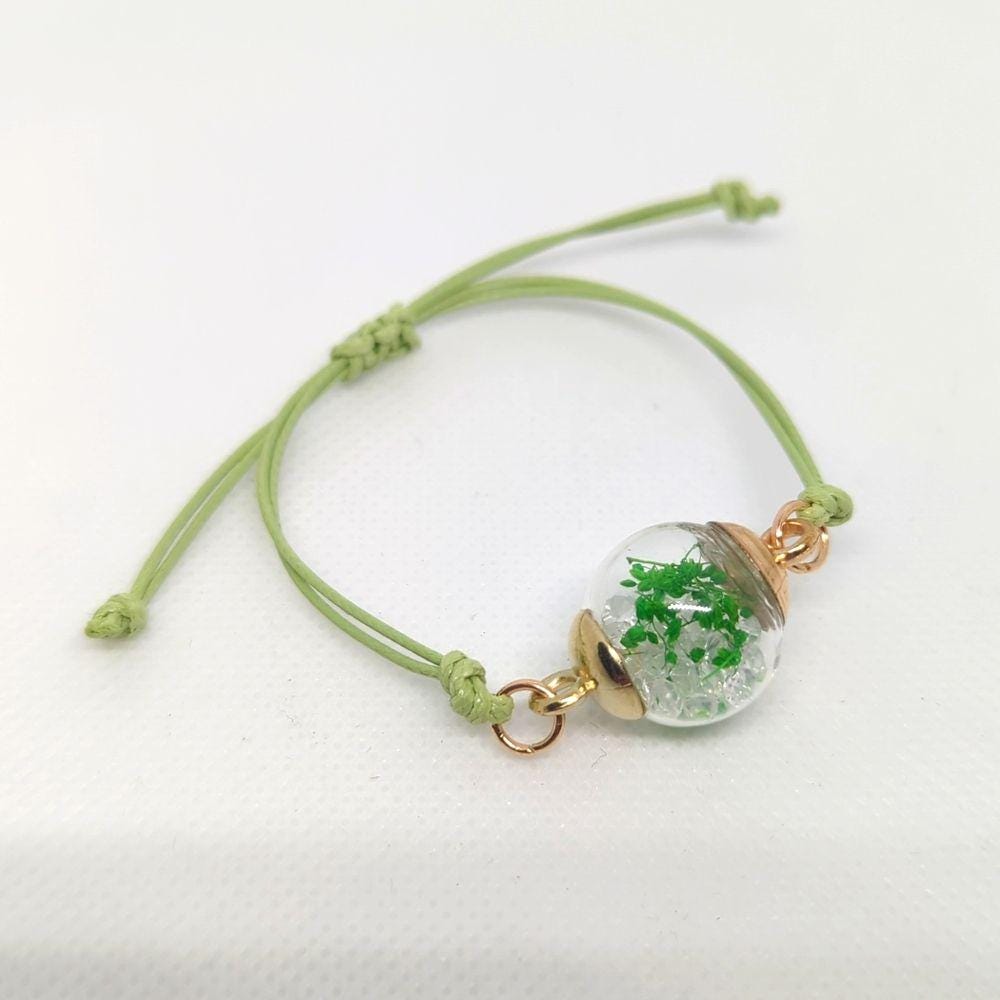 Green Petal & Crystal Glitter Globe Bracelet on Green Cord