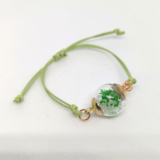 Green Petal & Crystal Glitter Globe Bracelet on Green Cord