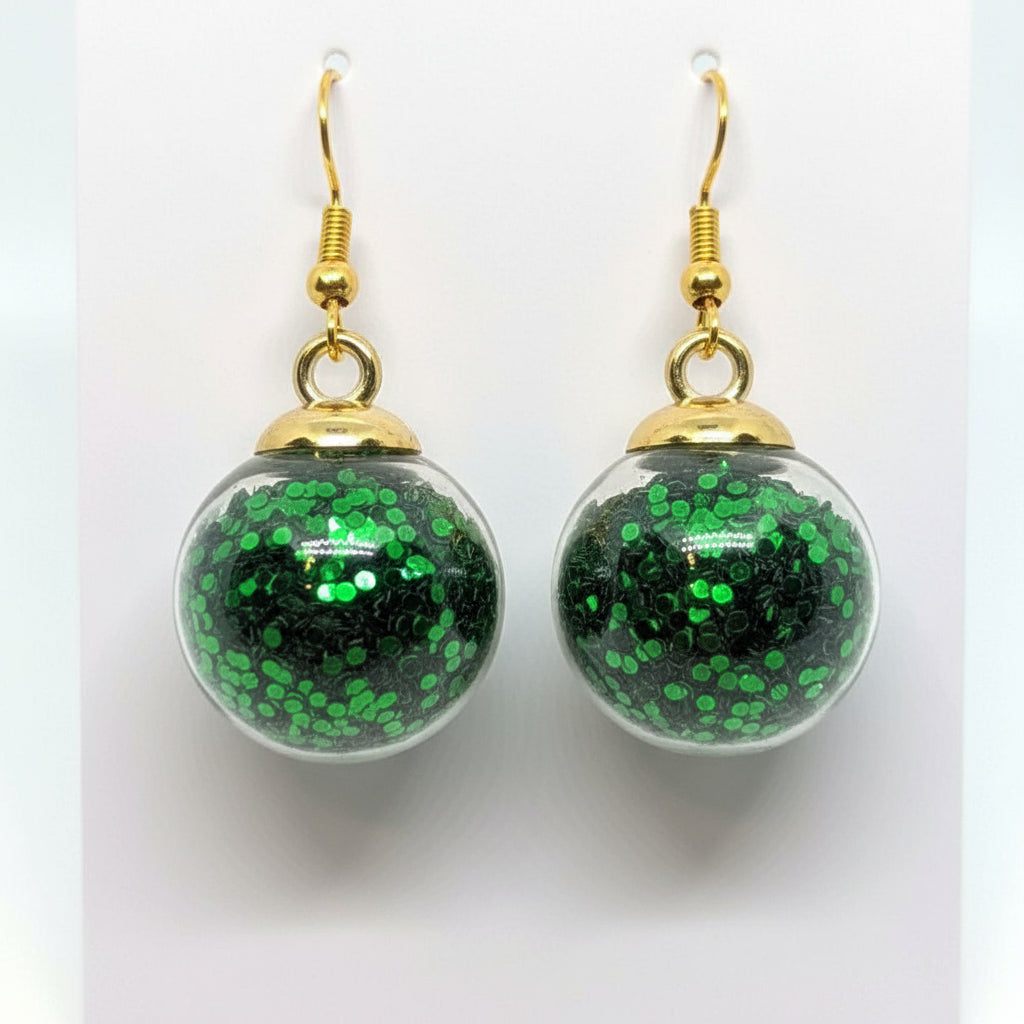 Emerald Green Glitter Globe Earrings on 14k Gold-Plated Hooks