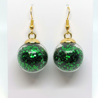 Emerald Green Glitter Globe Earrings on 14k Gold-Plated Hooks