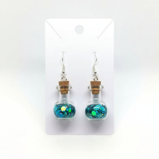 Teal Glitter Vial Drop Earrings on Sterling Hooks