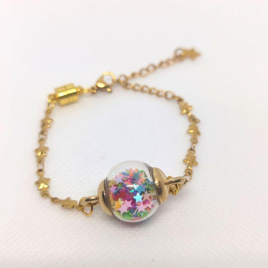 Multicolor Star Glitter Globe Bracelet on Brass Chain