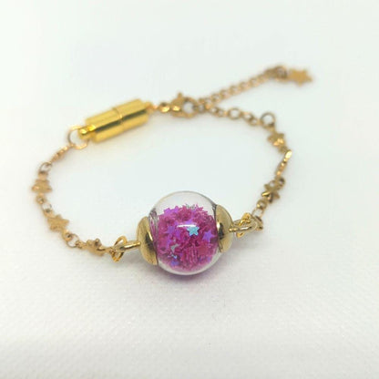 Fuchsia Star Glitter Globe Bracelet on Brass Chain