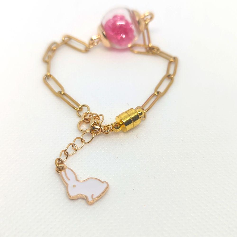 Easter Bunny Charm Hot Pink Rhinestone Globe Bracelet on Paper-Clip Chain
