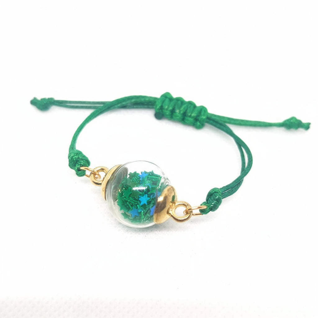 Green Star Glitter Globe Bracelet on Adjustable Nylon Cord