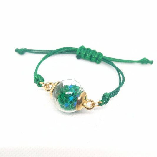 Green Star Glitter Globe Bracelet on Adjustable Nylon Cord