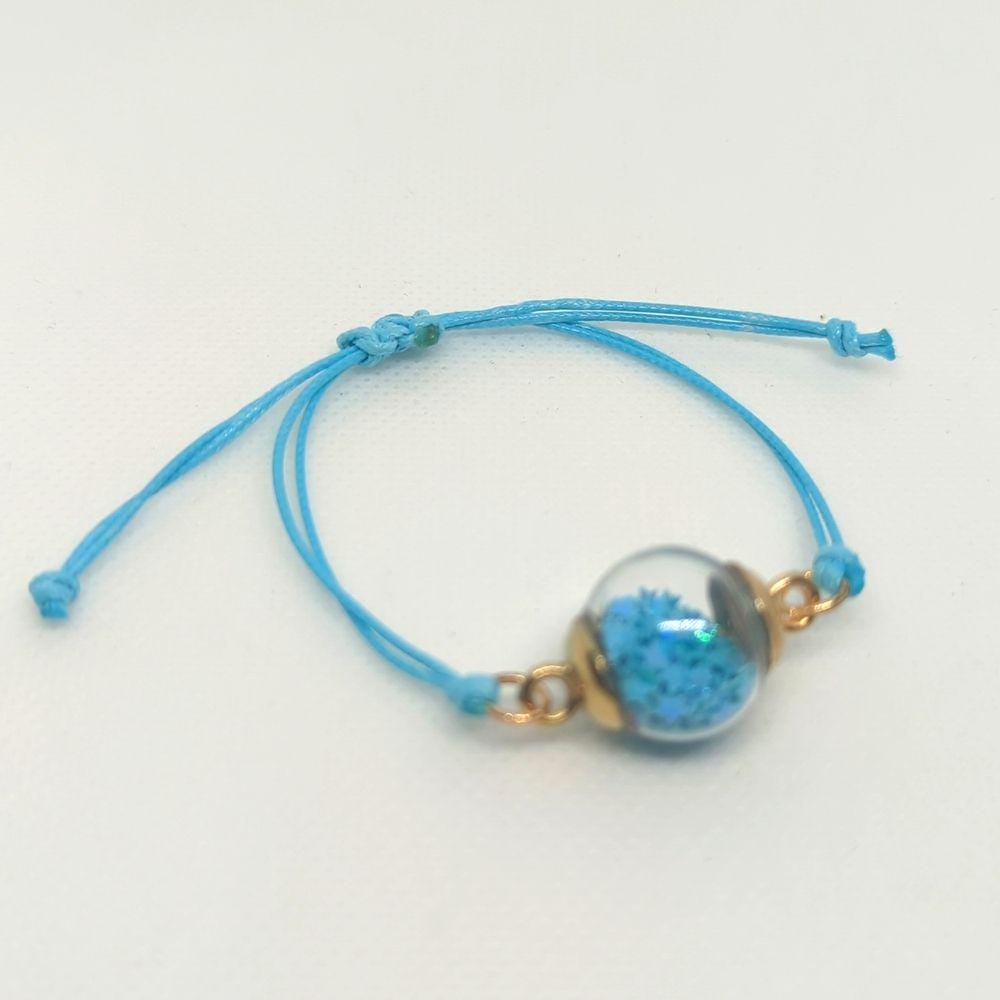 Sky Blue Glitter Globe Bracelet on Adjustable Cord