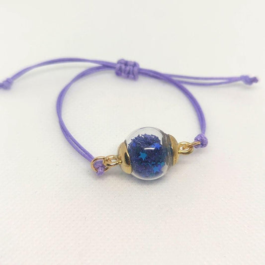 Iridescent Purple Glitter Globe Bracelet on Adjustable Lavender Cord