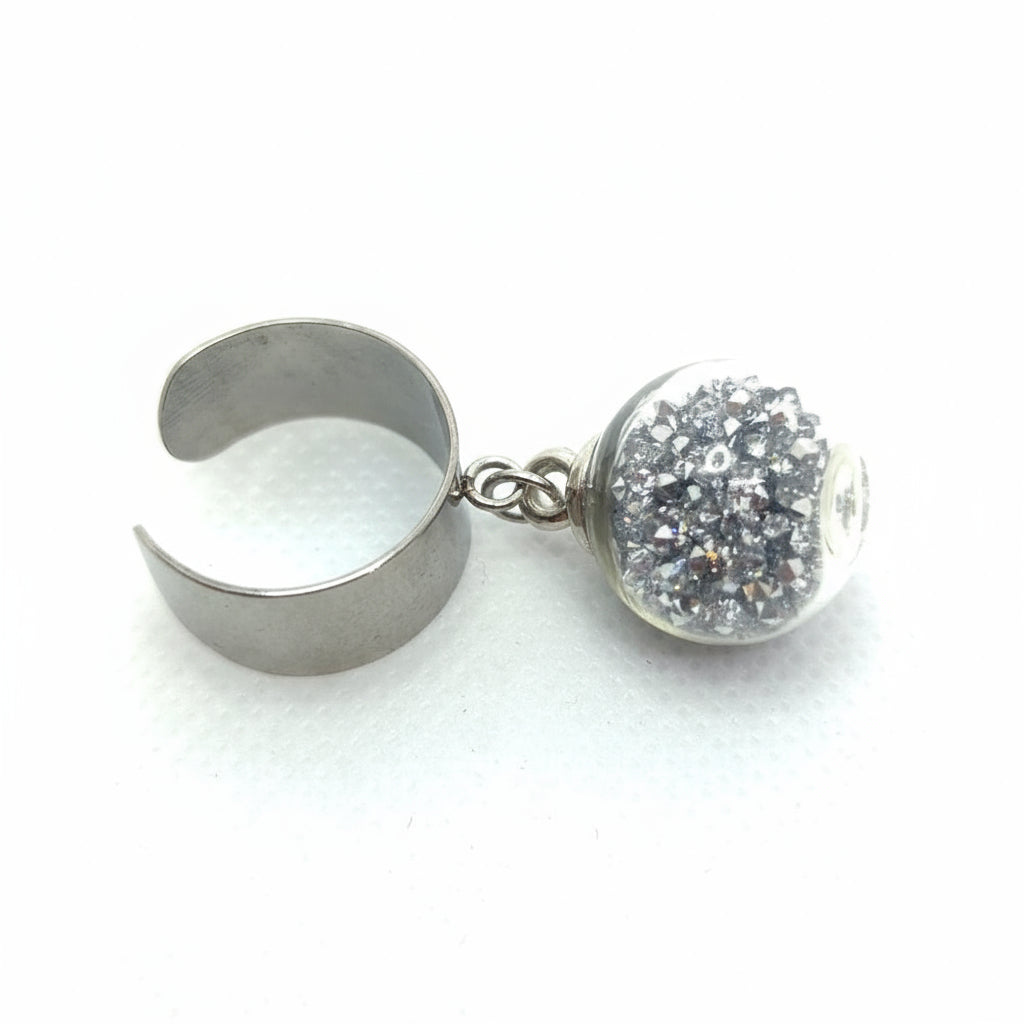Silver Rhinestone Globe Ring on Adjustable Silver Band