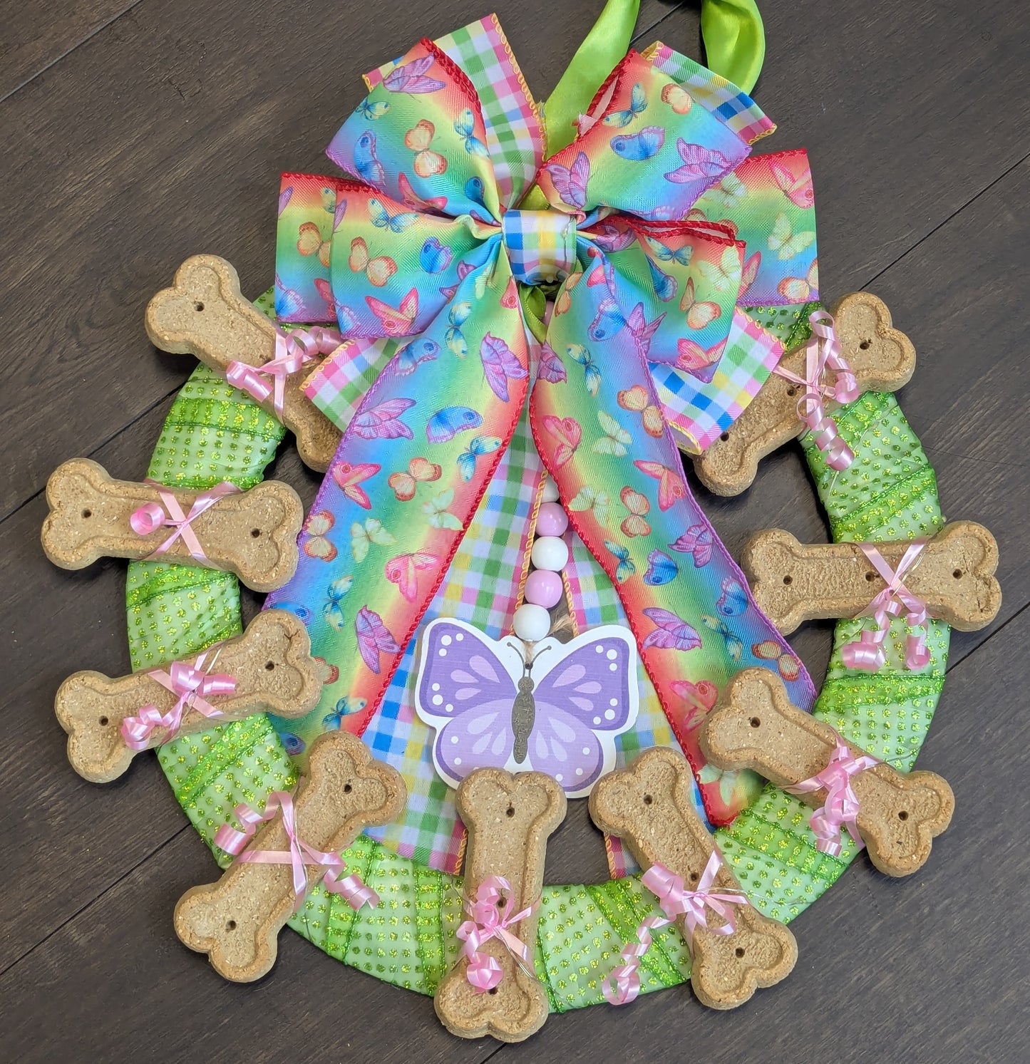 Lime and Rainbow Butterfly Dog Cookie Wreath